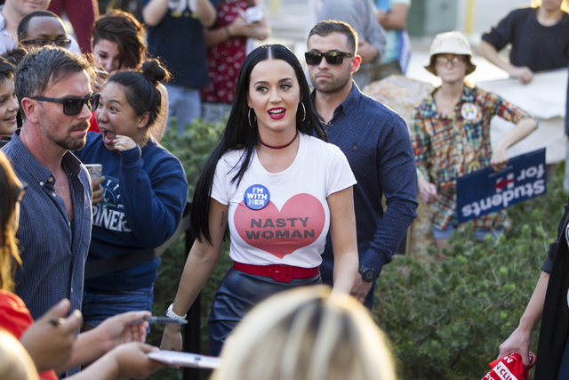 Music artist Katy Perry after speaking during a campaign rally for Democratic presidential nominee Hillary Clinton at UNLV on Saturday, Oct. 22, 2016, in Las Vegas. Erik Verduzco/Las Vegas Review- ...