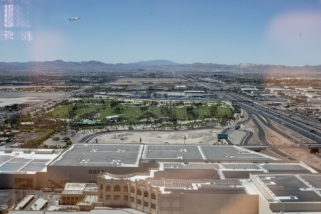 The solar power farm atop the convention center at Mandalay Bay, now ranking as the largest rooftop array in the nation, is pictured in Las Vegas on Friday, June 17, 2016. (Bridget Bennett/Las Veg ...