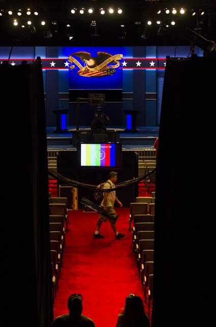 Setup goes on inside of the debate hall ahead of the third presidential debate at the Thomas & Mack Center at UNLV in Las Vegas on Tuesday, Oct. 18, 2016. Chase Stevens/Las Vegas Review-Journa ...