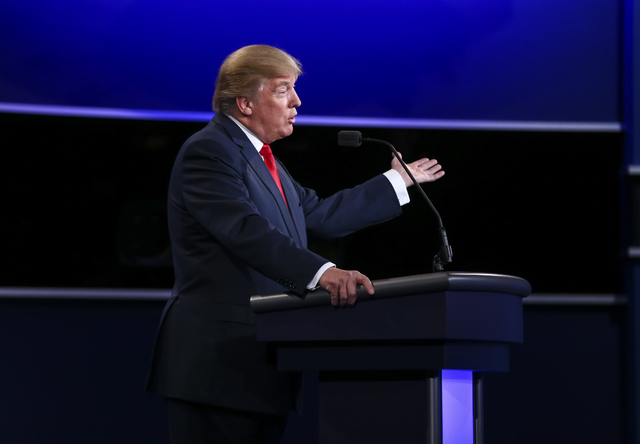 Republican presidential candidate Donald Trump speaks during the third presidential debate at the Thomas & Mack Center at UNLV in Las Vegas on Wednesday, Oct. 19, 2016. Chase Stevens/Las Vegas ...