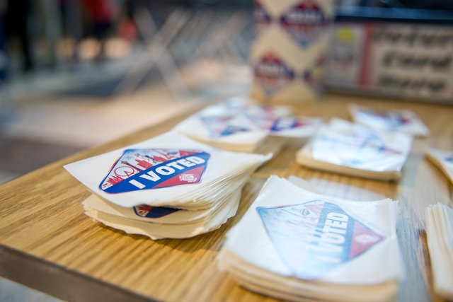 Stickers await voters who cast ballots during the first day of early voting at the Galleria at Sunset in Henderson on Saturday morning, Oct. 22, 2016. Daniel Clark/Las Vegas Review-Journal Follow ...