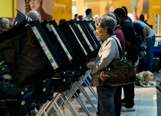 Renee Haga casts her ballot during early voting at the Galleria at Sunset in Henderson on Saturday morning, Oct. 22, 2016. Daniel Clark/Las Vegas Review-Journal Follow @DanJClarkPhoto