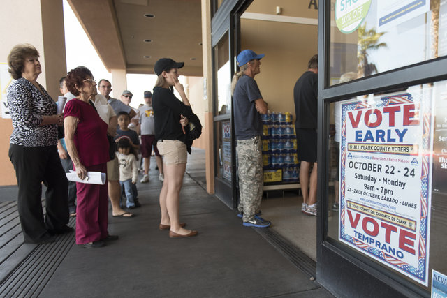 Voters stand in line for early voting at Albertsons at 2885 E. Desert Inn Rd. in Las Vegas, Saturday, Oct. 22, 2016. Jason Ogulnik/Las Vegas Review-Journal