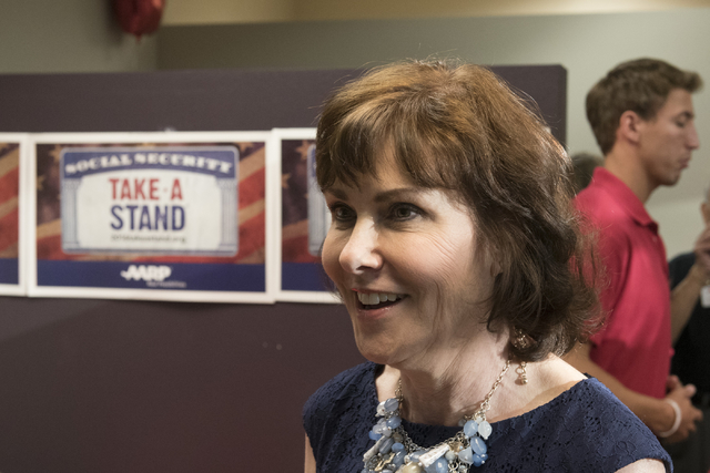 Jacky Rosen, Democratic candidate for the 3rd Congressional District, speaks with a reporter during an open house to discuss protecting Social Security at the AARP Take A Stand campaign office in  ...