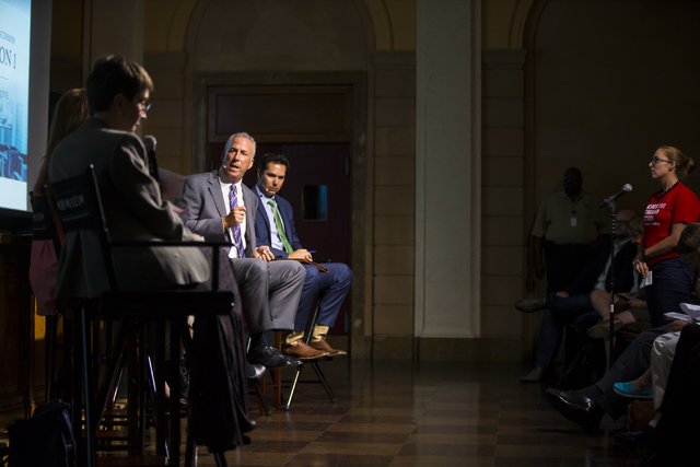 Clark County District Attorney Steve Wolfson, left, speaks during a town hall discussion on Question 1 at the Mob Museum in Las Vegas on Thursday, Sept. 29, 2016. Question 1 is the Nevada State ba ...