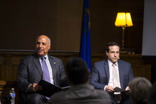 Las Vegas City Councilman Stavros Anthony, left, speaks during a town hall discussion on Question 1 as William Sousa, professor and director of the Center for Crime and Justice Policy at UNLV, loo ...