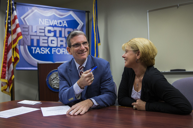 U.S. Representative Joe Heck, Republican, Nevada with wife Lisa, files to run for the Senate seat of outgoing U.S. Senator Harry Reid at the Grant Sawyer Building Monday, March 14, 2016 in Las Veg ...