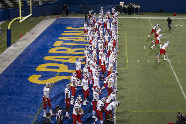 UNLV Rebels warm up before their football game against the San Jose State Spartans at CEFCU Stadium on Saturday, Oct. 29, 2016, in San Jose. Erik Verduzco/Las Vegas Review-Journal Follow @Erik_Ver ...
