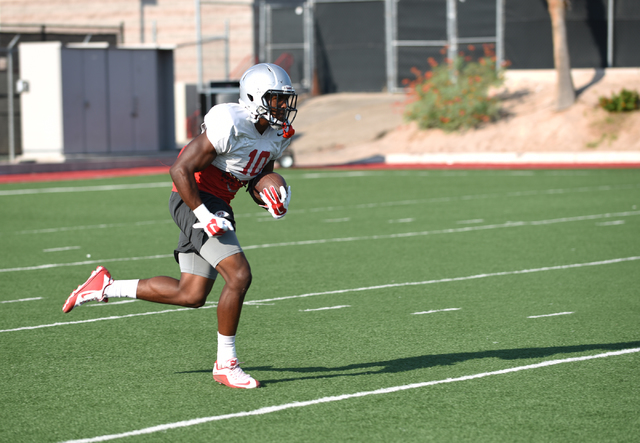 Wide Receiver Darren Woods Jr. (10) runs after a catch during football practice at Rebel Park inside the UNLV campus in Las Vegas on Thursday, Aug. 25, 2016. (Martin S. Fuentes/Las Vegas Review-Jo ...
