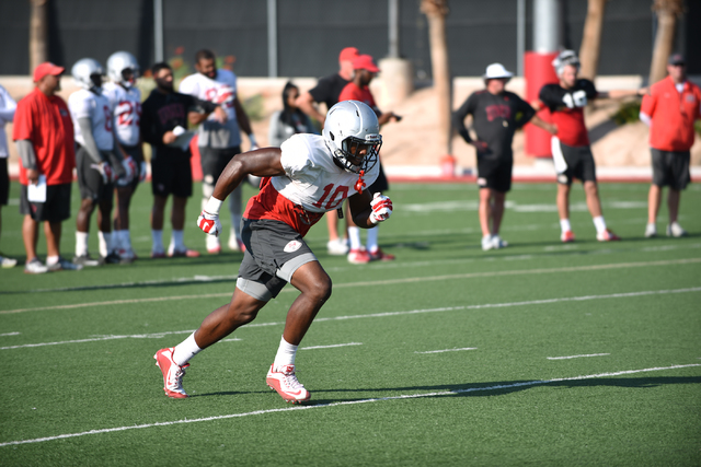 Wide Receiver Darren Woods Jr. (10) runs a route during football practice at Rebel Park inside the UNLV campus in Las Vegas on Thursday, Aug. 25, 2016. (Martin S. Fuentes/Las Vegas Review-Journal)