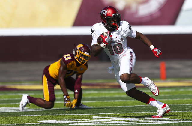 UNLV wide receiver Darren Woods Jr. (10) runs the ball against Central Michigan during a football game at Kelly/Shorts Stadium in Mount Pleasant, Mich. on Saturday, Sept. 17, 2016. Central Michiga ...