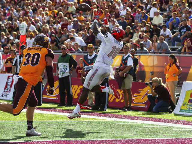UNLV wide receiver Darren Woods Jr. (10) receives a pass to make a touchdown against Central Michigan during a football game at Kelly/Shorts Stadium in Mount Pleasant, Mich. on Saturday, Sept. 17, ...