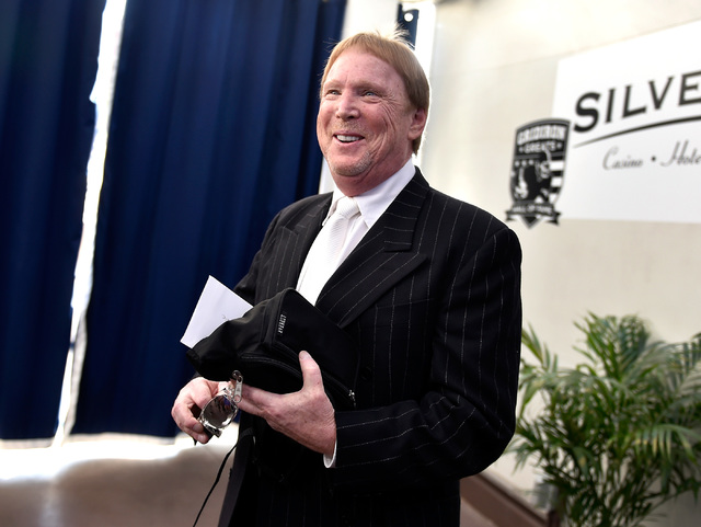 Oakland Raiders owner Mark Davis speaks with the media before the Gridiron Greats Hall of Fame Induction dinner at the Silverton hotel-casino Friday, June 3, 2016, in Las Vegas. David Becker/Las V ...