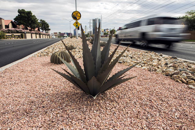 Decorative metal desert plants line the median at Flamingo Road near Decatur Boulevard on Friday, Oct. 28, 2016. The Regional Transportation Commission announced the completion of the $46.4 millio ...