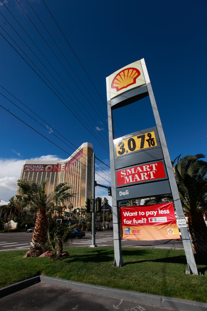 A sign for gasoline prices is displayed at Shell on Las Vegas Boulevard near the Mandalay Bay hotel-casino on Monday, March 2, 2015. (Chase Stevens/Las Vegas Review-Journal)