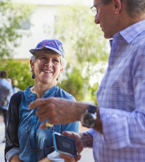Jean Sternlight, director of the Saltman Center for Conflict Resolution, left, chats with Michael Saltman outside of the William S. Boyd School of Law at UNLV in Las Vegas on Tuesday, Oct. 11, 201 ...
