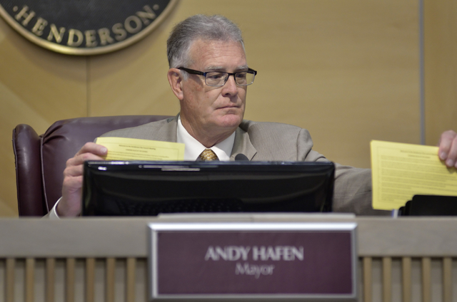 Henderson Mayor Andy Hafen is shown at a Henderson City Council meeting in Henderson City Hall at 240 S. Water St. on Tuesday, May 17, 2016. (Bill Hughes/Las Vegas Review-Journal)