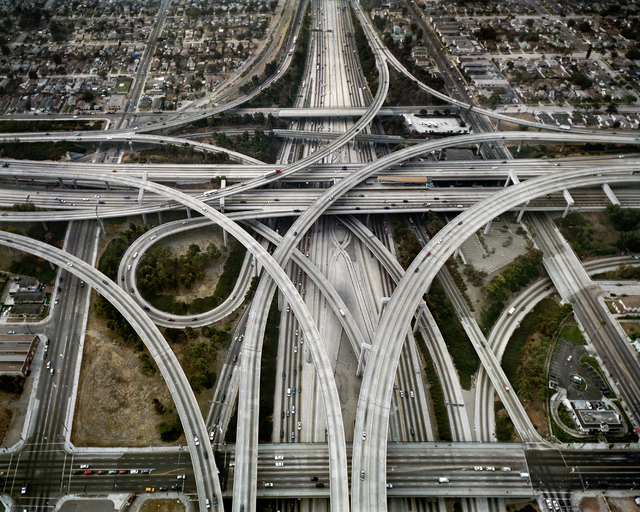 Award-winning photographer Edward Burtynsky captures the intersection of two Los Angeles freeways from an eye-in-the-sky perspective in a 2003 image featured in "Oil," now at UNLV's Marjorie Barri ...
