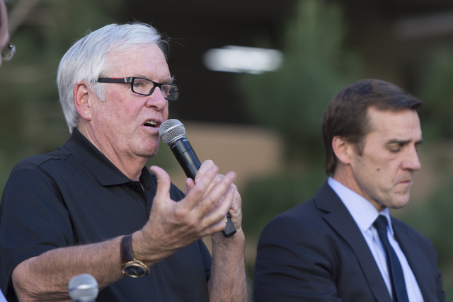 Las Vegas NHL franchise Owner Bill Foley, left, and General Manager George McPhee talk on stage during the Vegas Hockey Fan Fest at Toshiba Plaza in Las Vegas, Saturday, Oct. 8, 2016. Jason Ogulni ...