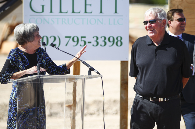Clark County Commissioner Susan Brager, left, shares a laugh with Bill Foley, the owner of Las Vegas' NHL expansion team, during the groundbreaking ceremony for the team's practice facility and he ...