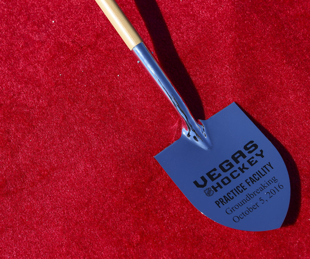A shovel is shown before being used in the groundbreaking ceremony for the Las Vegas NHL expansion team's practice facility and headquarters in Las Vegas on Wednesday, Oct. 5, 2016. (Chase Stevens ...