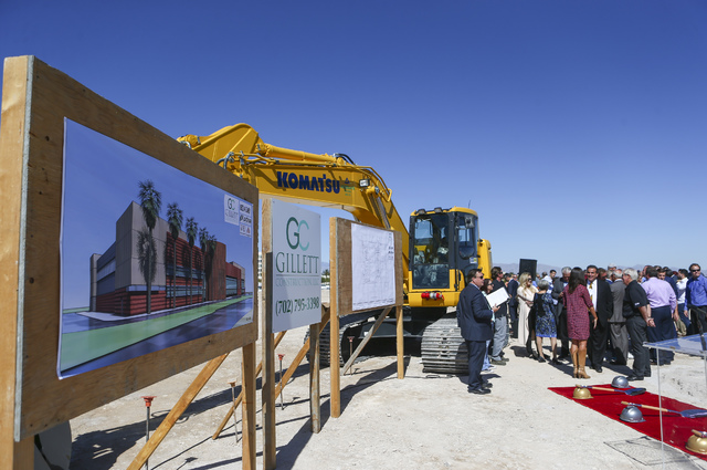 People gather before the groundbreaking ceremony for the Las Vegas NHL expansion team's practice facility and headquarters in Las Vegas on Wednesday, Oct. 5, 2016. (Chase Stevens/Las Vegas Review- ...