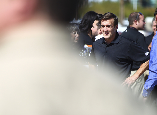 George McPhee, the general manager of Las Vegas' NHL expansion team, looks on before the groundbreaking ceremony for the team's practice facility and headquarters in Las Vegas on Wednesday, Oct. 5 ...