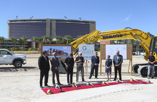 Bill Foley, the owner of Las Vegas' NHL expansion team, center, speaks during the groundbreaking ceremony for the team's practice facility and headquarters in Las Vegas on Wednesday, Oct. 5, 2016. ...