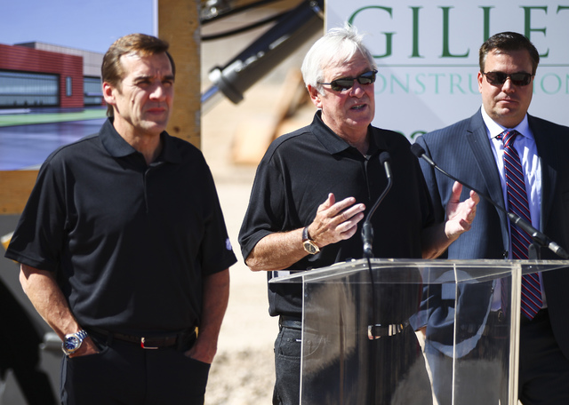 Bill Foley, the owner of Las Vegas' NHL expansion team, center, speaks during the groundbreaking ceremony for the team's practice facility and headquarters in Las Vegas on Wednesday, Oct. 5, 2016. ...