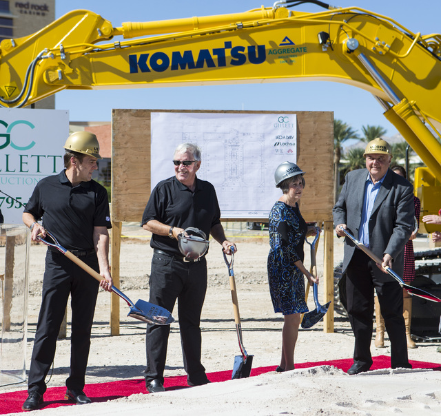 Bill Foley, the owner of Las Vegas' NHL expansion team, second from left, smiles during the groundbreaking ceremony for the team's practice facility and headquarters in Las Vegas on Wednesday, Oct ...