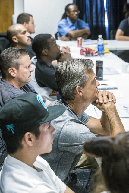 Former inmates listen during a Hope for Prisoners pre-vocational leadership workshop at 3430 E. Flamingo Road on Thursday, Aug. 18, 2016. (Jeff Scheid/Las Vegas Review-Journal) Follow @jeffscheid