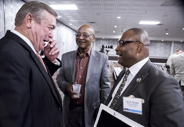 Rep. Cresent Hardy, R-Nev., left, talks to Bob Woodson, founder of the Center for Neighborhood Enterprise in Washington, D.C. and the Rev. Jon Ponder, right, founder and CEO of Hope for Prisoners. ...