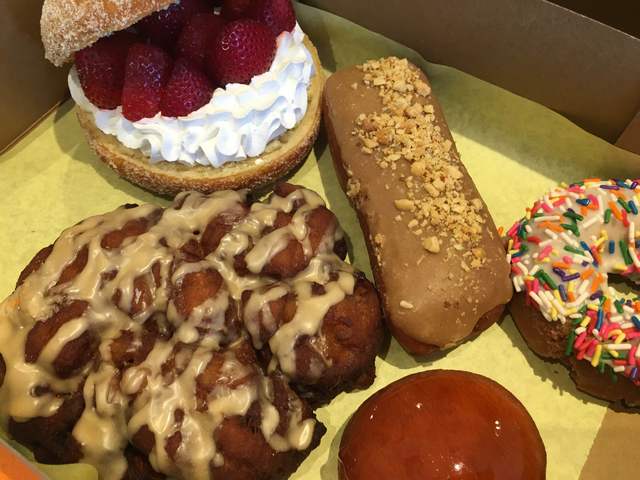 Vegan doughnuts from Donut Bar, including the apple fritter, Strawberry Split, Creme Brûlée, PB + Jelly and Funfetti. Sandy Lopez/View