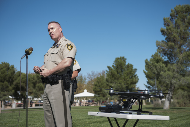 Captain Pete Boffelli talks about the safe operation of unmanned aircraft systems, commonly known as drones, during a news conference at Police Memorial Park in Las Vegas on Tuesday, Oct. 18, 2016 ...