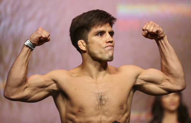 UFC fighter Henry Cejudo poses during weigh ins ahead of his UFC 197 flyweight fight against Demetrious Johnson at the MGM Grand hotel-casino in Las Vegas on Friday, April 22, 2016. (Chase Stevens ...