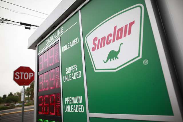 Gas prices are displayed at a Sinclair gas station at Warm Springs Road and Gillespie Street in Las Vegas on Tuesday, June 9, 2015. Nevada ranks fourth highest among U.S. gasoline prices, AAA said ...