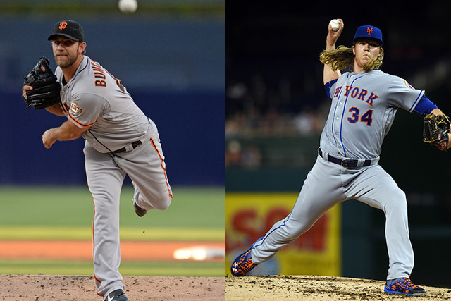 San Francisco Giants starting pitcher Madison Bumgarner (left), New York Mets starting pitcher Noah Syndergaard (right). (Files/USA Today Sports)