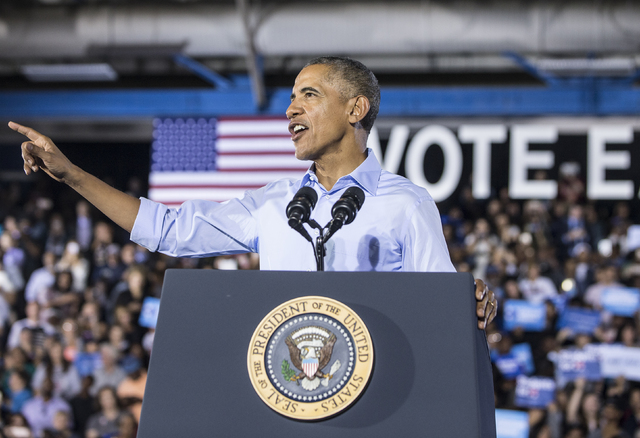 President Barack Obama speaks at a rally organized by the Nevada State Democratic Party at Cheyenne High School on Sunday, Oct. 23, 2016, in North Las Vegas. President Obama was campaigning for De ...