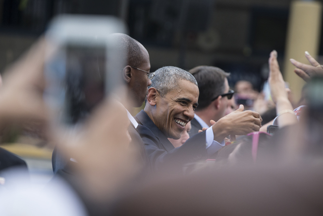President Barack Obama greets supporters at a rally organized by the Nevada State Democratic Party at Cheyenne High School on Sunday, Oct. 23, 2016, in North Las Vegas. President Obama was campaig ...