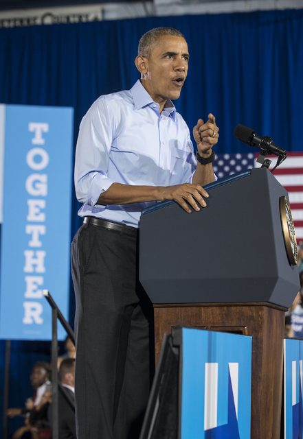 President Barack Obama speaks at a rally organized by the Nevada State Democratic Party at Cheyenne High School on Sunday, Oct. 23, 2016, in North Las Vegas. President Obama was campaigning for De ...