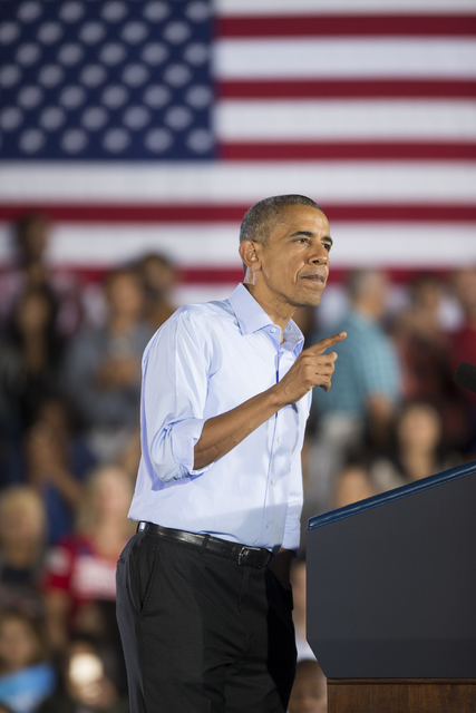 President Barack Obama speaks during a campaign rally for Democratic presidential nominee Hillary Clinton at Cheyenne High School on Sunday, Oct. 23, 2016, in North Las Vegas. Erik Verduzco/Las Ve ...