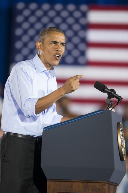 President Barack Obama speaks during a campaign rally for Democratic presidential nominee Hillary Clinton at Cheyenne High School on Sunday, Oct. 23, 2016, in North Las Vegas. Erik Verduzco/Las Ve ...