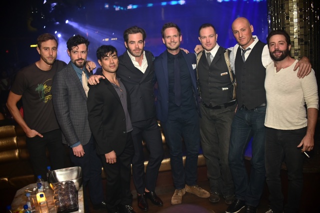 At club Omnia Friday, Patrick J. Adams (fifth from left) with Chris Pine (fourth from left) and Brendan Hines (second from left). (Aaron Garcia)