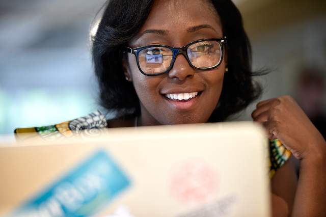Small business owner Tamar Lucien works on her computer at the University of Phoenix's new RedFlint experience center Monday, Oct. 10, 2016, in downtown Las Vegas. The 11,000 square-foot education ...