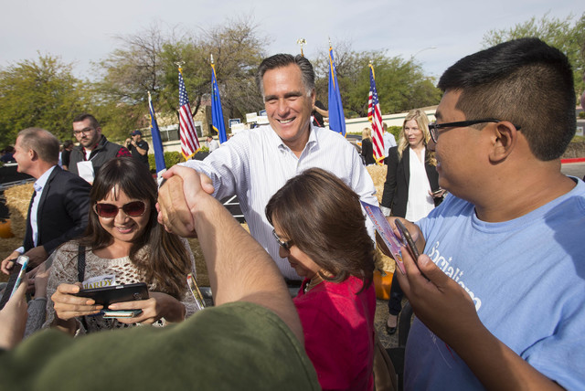 Mitt Romney greets supporters at a campaign rally outside the Summerlin campaign headquarters of U.S. Rep. Cresent Hardy, R-Nev., in Las Vegas on Oct. 8, 2016. Richard Brian/Las Vegas Review-Journ ...