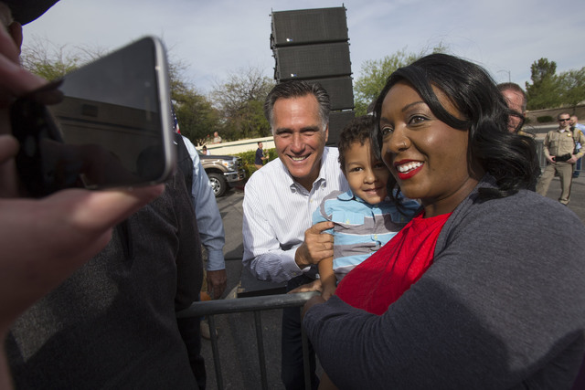 Mitt Romney greets supporters at a campaign rally outside the Summerlin campaign headquarters of U.S. Rep. Cresent Hardy, R-Nev., in Las Vegas on Oct. 8, 2016. Richard Brian/Las Vegas Review-Journ ...