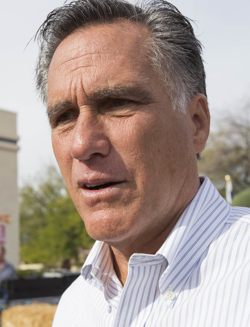 Mitt Romney talks to the news media at a campaign rally outside the Summerlin campaign headquarters of U.S. Rep. Cresent Hardy, R-Nev., in Las Vegas on Oct. 8, 2016. Richard Brian/Las Vegas Review ...