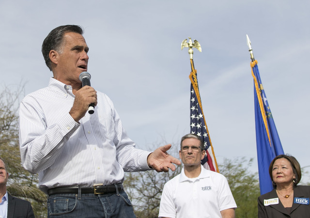 Mitt Romney speaks at a campaign rally outside the Summerlin campaign headquarters of U.S. Rep. Cresent Hardy, R-Nev., in Las Vegas on Oct. 8, 2016. Richard Brian/Las Vegas Review-Journal Follow @ ...