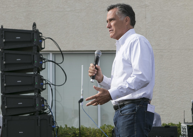 Mitt Romney speaks at a campaign rally outside the Summerlin campaign headquarters of U.S. Rep. Cresent Hardy, R-Nev., in Las Vegas on Oct. 8, 2016. Richard Brian/Las Vegas Review-Journal Follow @ ...