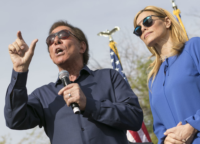 Steve Wynn and his wife, Andrea, speak to a crowd at a campaign rally outside the Summerlin campaign headquarters of U.S. Rep. Cresent Hardy, R-Nev., in Las Vegas on Oct. 8, 2016. Richard Brian/La ...